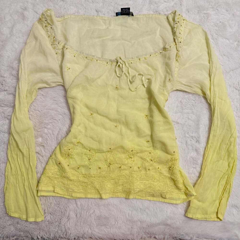 Blue Asphalt Blouse Size M Yellow Beaded Long Sleeve Gauze Top